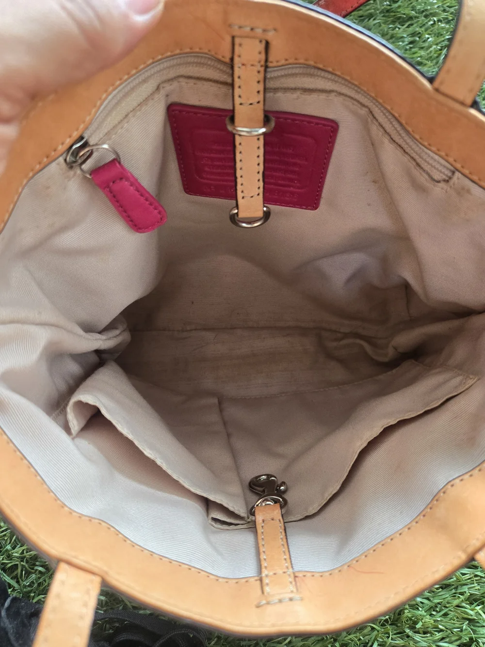 COACH Glossy Red Patent Mini Tote with Tan Trim